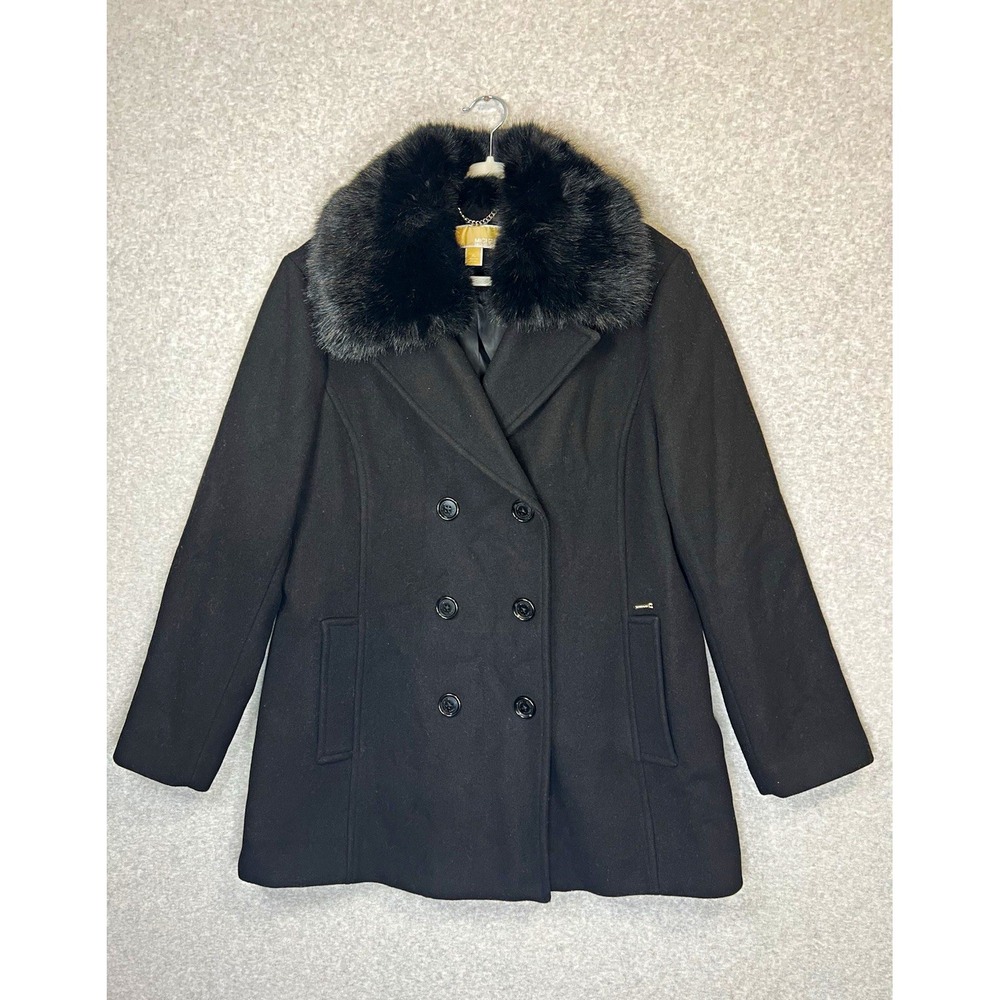 Michael Kors XL Black Wool Blend Coat Detachable Faux Fur Collar Double Breasted